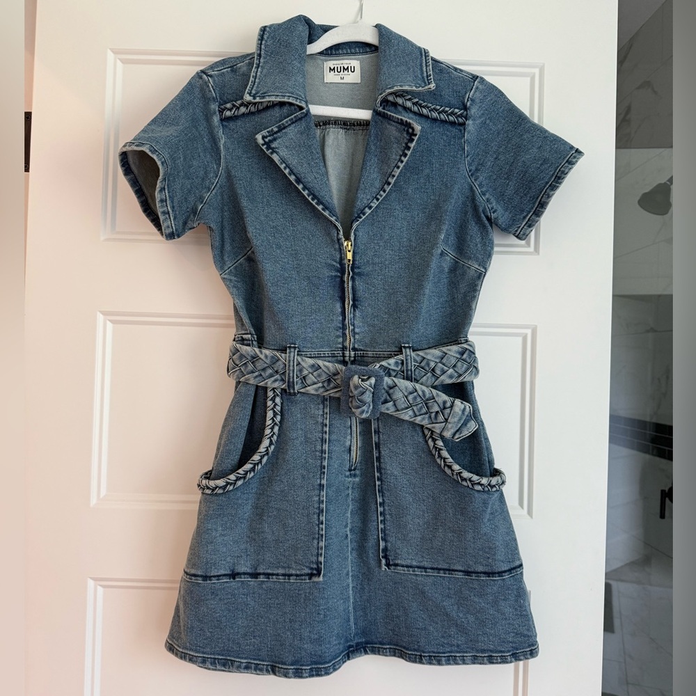 Show Me Your MuMu Blue Denim Mini Dress with Braided Belt